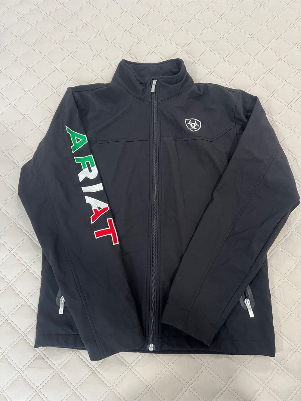 Ariat Black Softshell Jacket with Red, Green & White Sleeve Logo
